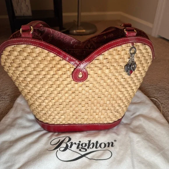 VTG Brighton Marilyn Basket Weave Red Bandana Drawstring Heart Handbag - Picture 5 of 12